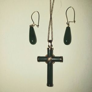Jade Cross Necklace Gold Filled and Jade Earrings Vintage